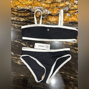 CHANEL Black Bikini with White Trim Bandeau Top and Briefs